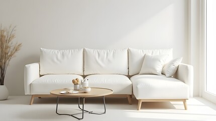 Serene modern living room with plush white sectional sofa and minimalist coffee table creating calm ambiance