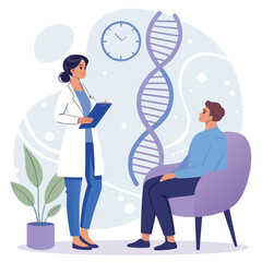 Vector art of a female doctor is consulting with a male patient about his dna results in a clinic, providing medical advice and healthcare guidance