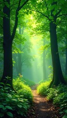 Obraz premium Lush green forest canopy, dappled sunlight filtering through leaves, creating a magical, serene atmosphere Perfect for nature, environment, and travel themes , woodland, vegetation, trees