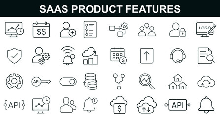 “SaaS Product Features Outline Icons – Cloud Sync, API Connection, Data, User Roles, Notifications, and Pricing Model Vector Set”