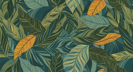 Fototapeta premium A vibrant and detailed illustration of lush tropical leaves in various shades of green and yellow, creating a dense, naturalistic pattern.