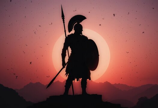 Silhouette of a Spartan warrior holding a spear and shield against a sunset