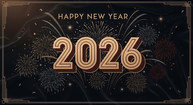 Celebrate New Year's Eve with a stunning fireworks display and the bold year 2026, perfect for creating festive invitations, banners, and holiday marketing materials.