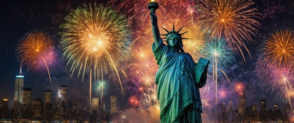 New York City at night with fireworks exploding over the Statue of Liberty.
