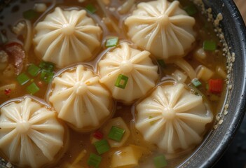 Soup with dumplings noodles and diced green onions in a bowl