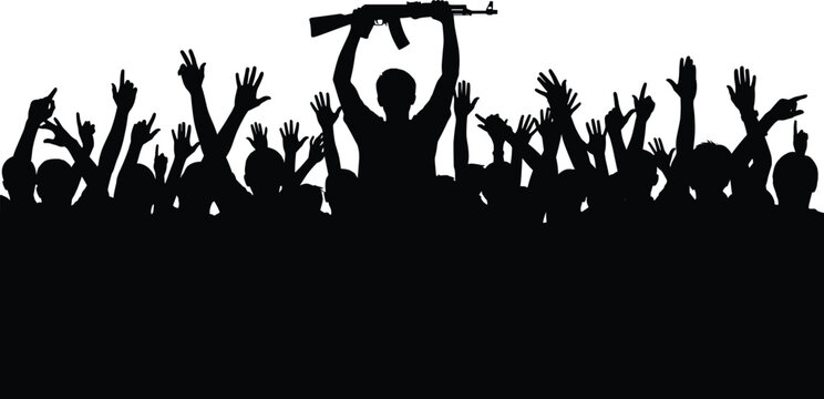Silhouette vector illustration of crowd protest with raised hands and central figure holding object overhead, symbolizing uprising or social movement