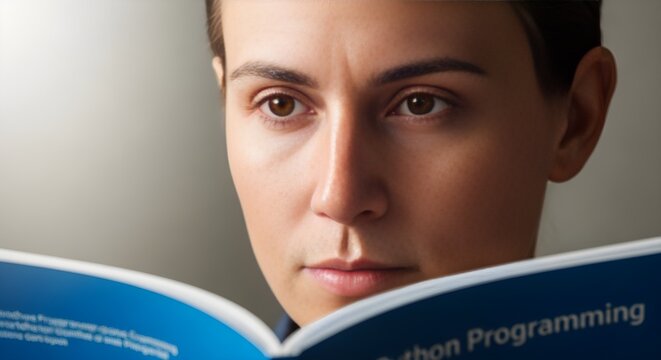 Focused woman intently reading a python programming book, with soft lighting and a neutral background, conveying concentration and learning.