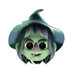 Charming cartoon witch character with a mischievous smile and green skin, wearing a classic pointed hat, perfect for Halloween or fantasy-themed designs and avatars