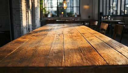The image shows a long, rustic wooden table in a restaurant with blurred backgrounds of chairs and windows.