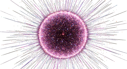 A dazzling sphere of sparkling particles exploding into existence radiating vibrant energy against a stark black