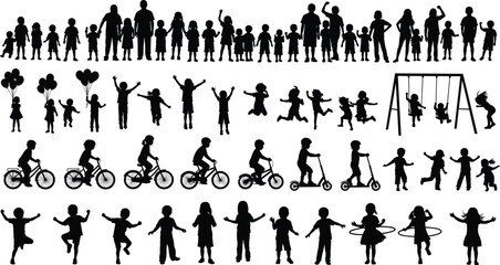 Silhouette Vector Collection of Children Playing, Jumping, Riding Bikes, Scooters, Swinging, and Having Fun Outdoors in Various Poses
