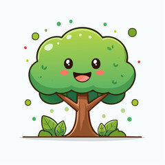 Cheerful Cartoon Tree: A charming and whimsical illustration of a vibrant green cartoon tree with a happy face, radiates joy, representing nature in a friendly style. 