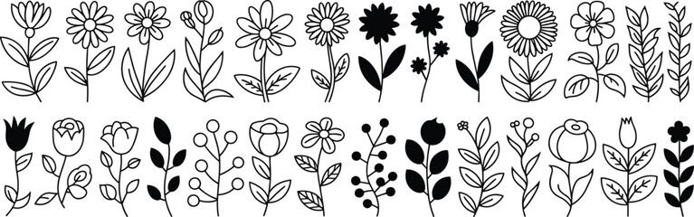 Hand Drawn Black Floral Vector Collection of Wild Flowers and Leaves Isolated on White Background for Botanical Design Elements Illustration
