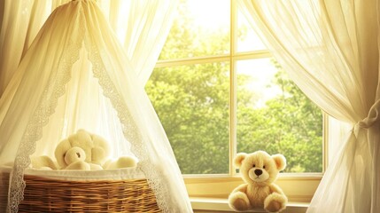 Teddy bears in a dreamy bedroom, creating a serene and cozy atmosphere with natural light and soft