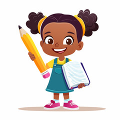 Eager Learner with Writing Materials: This cheerful cartoon illustration showcases a young girl, brimming with enthusiasm, grasping a massive pencil and a notepad.