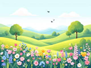 Fototapeta premium Flat vector spring illustration with green hills, colorful flowers, trees, and birds in a bright clear sky