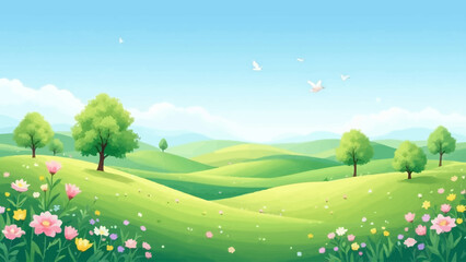 Fototapeta premium Flat vector spring illustration with green hills, colorful flowers, trees, and birds in a bright clear sky