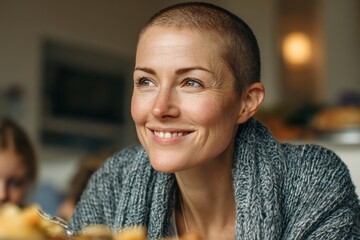 High-res, realistic photo. Happy cancer patient, in her 40s, eating a meal with her children at home. Invoking a sense of peace and support. Warm Tones