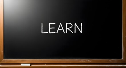4k, A close-up shot of the word "LEARN" written in white chalk on a dark, rectangular chalkboard with a wooden frame, creating a simple and educational mood, against a