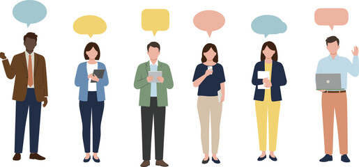 Business team communication illustration, diverse professionals discussing ideas, workplace collaboration concept, people talking with speech bubbles, teamwork vector graphic
