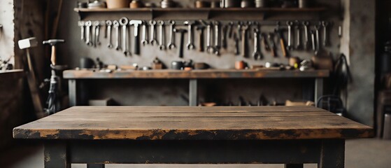 empty wooden table in garage workshop mock-up for product display | advertising, product display, workshop, mockup, storage theme