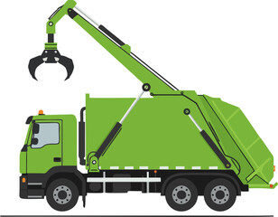 Green trash collection truck with grapple arm