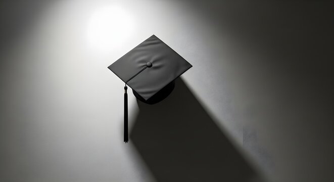 A solitary graduation cap casts a long shadow against a stark, illuminated background, symbolizing achievement and the future.
