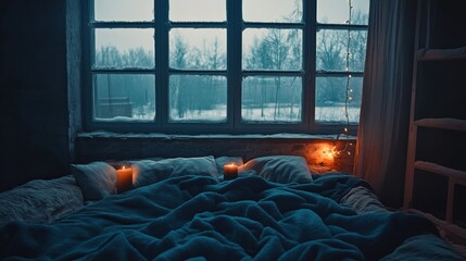 Winter Bedroom Scene with Candles and Snowy Window View for Cozy Atmosphere and Relaxing Home Decor