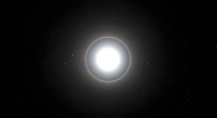 A brilliant white star with a glowing halo shines intensely in the vast, dark void of deep space.