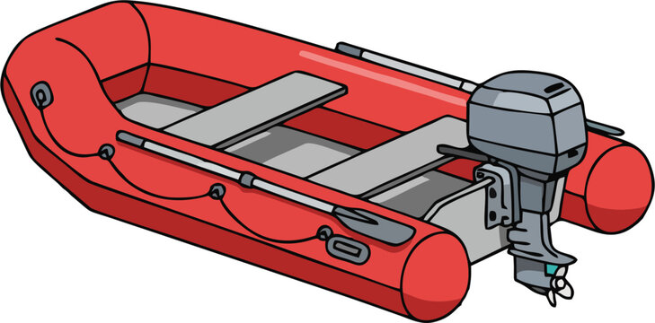 Red inflatable boat with motor on white