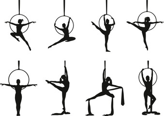 Aerial hoop, aerial silk, acrobatic silhouette, circus art, fitness pose, dancer flexibility, vector illustration, suspended motion, graceful strength, black figure, performance © Shafik Creatives