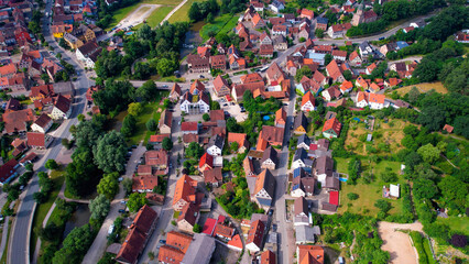 Aerial panorama view of the old town in the city  Georgensgmünd in Bavaria in Germany on a sunny day in spring