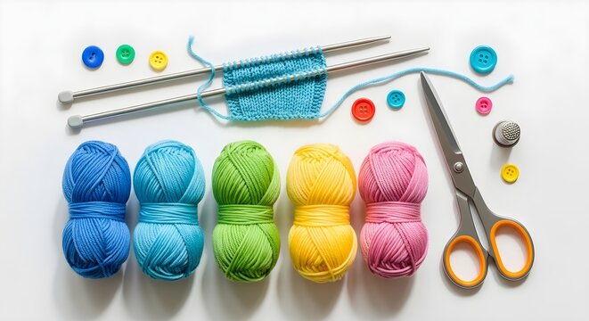 4k, Flat lay showcasing colorful yarn balls with knitting needles and buttons, presented with a clean, bright aesthetic on a white background to evoke creativity. - Powered by Adobe