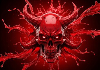 Menacing crimson skull with glowing eyes and sharp horns against a dark background, surrounded by dynamic red fluid