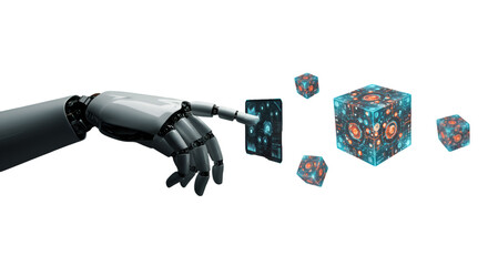 AI s touch shapes digital reality futuristic robot finger interacts with glowing fractal cubes in a seamless dark