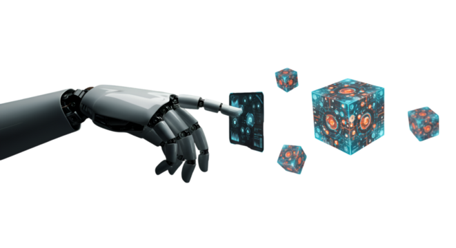 AI s touch shapes digital reality futuristic robot finger interacts with glowing fractal cubes in a seamless dark