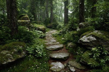 Fototapeta premium Stone Path Through Forest: Showcase a balanced and winding stone path through a lush forest, inviting viewers to follow a mindful journey. 