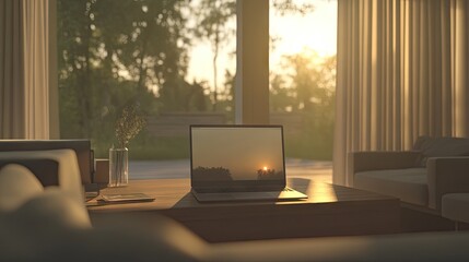 Laptop displaying sunset scene sits on a wooden coffee table in a modern living room, bathed in warm evening light filtering through sheer curtains and large windows overlooking a lush green landscape