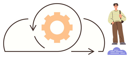 Gear encased in curved arrows symbolizes agile process within a cloud design. Confident person on side adds human perspective. Ideal for teamwork, software development, innovation, cloud computing
