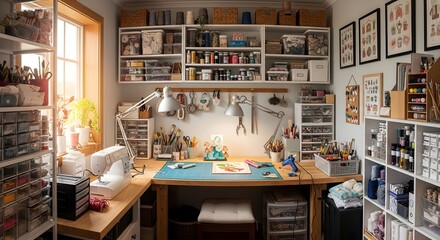 Obraz premium Well-organized craft room with sewing machine, art supplies, and tools, bathed in warm natural light from a window, creating a cozy and inspiring atmosphere.