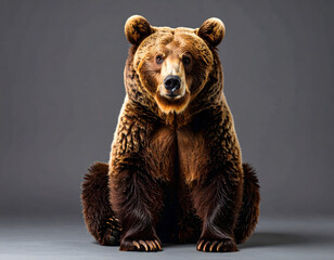 Obraz premium Majestic brown bear seated, facing forward, against a neutral gray backdrop.