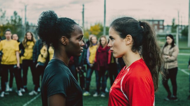 portrait shot of two women facing off with each other, the setting  side soccer pitch in Toronto, 