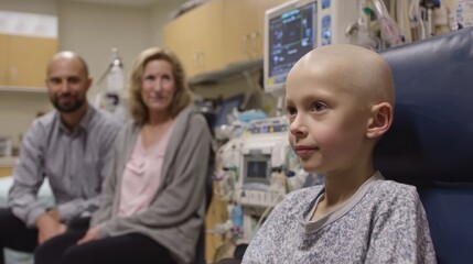 real footage face shot of a bald child with no eyebrows in a wheel chair hooked up to a chemotherapy machine at hospital. pan right to his parents crying while a doctor talks to them.