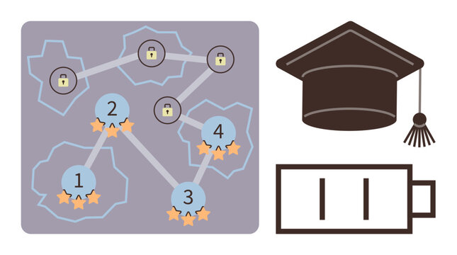 Game-thumbs up learning map with numbered nodes, star ratings, and lock icons connected via pathways. Includes academic cap and battery visuals. Ideal for education, gamification, progression
