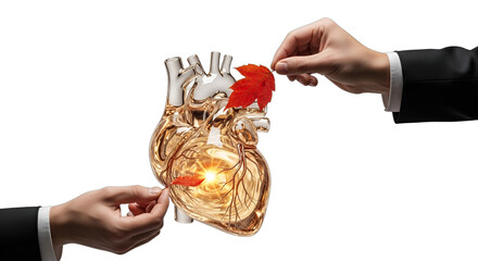 Hands placing red elements onto a glowing, transparent human heart, symbolizing health, care, and compassion for cardiology, wellness programs, medical ethics,