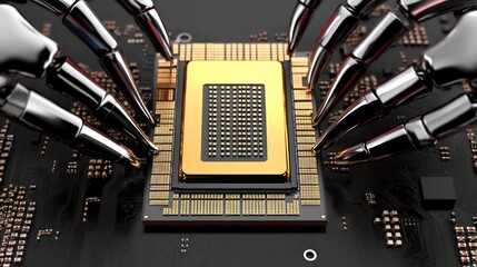 Advanced Technology: Robotic Arms Surrounding a Central Processing Unit Microchip