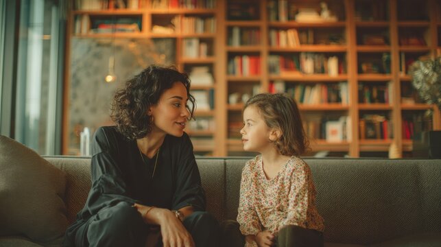 real photography, a young beautiful mother sitting on a couch with her daughter at  living room, 