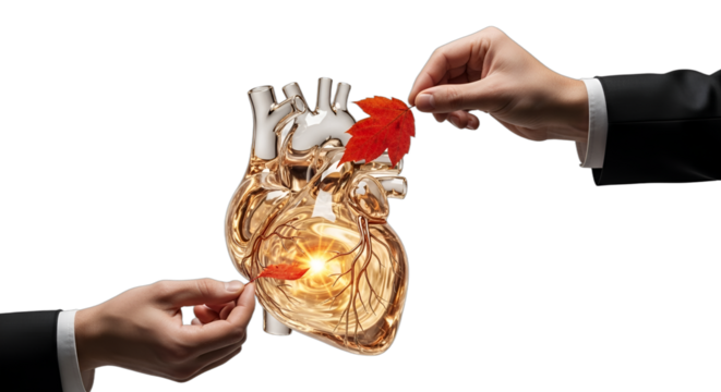Hands placing red elements onto a glowing, transparent human heart, symbolizing health, care, and compassion for cardiology, wellness programs, medical ethics,