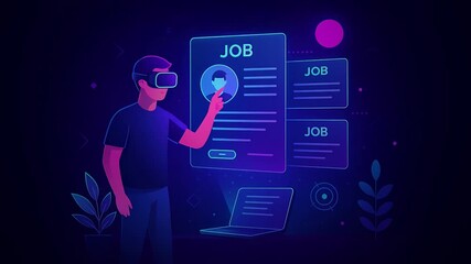 Man Using VR Headset for Online Job Applications in Metaverse.