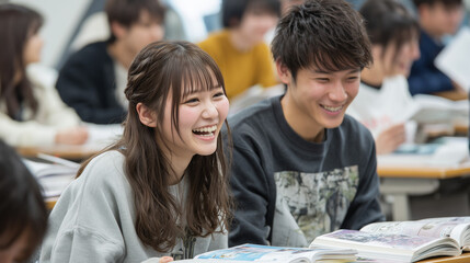 笑顔で授業・講義を受ける日本人の男女の学生たち、教室, 勉強, 友情, 楽しい, 大学生活